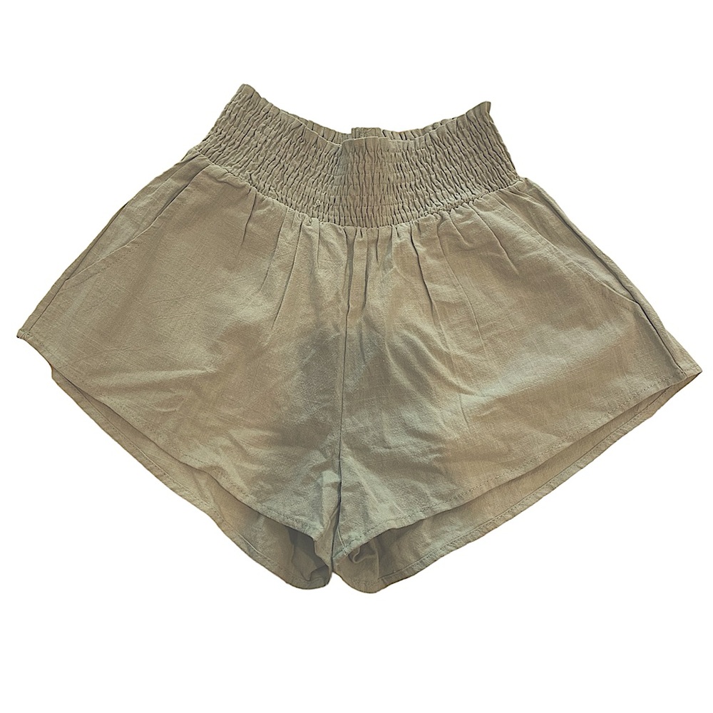 High waisted, sage linen shorts